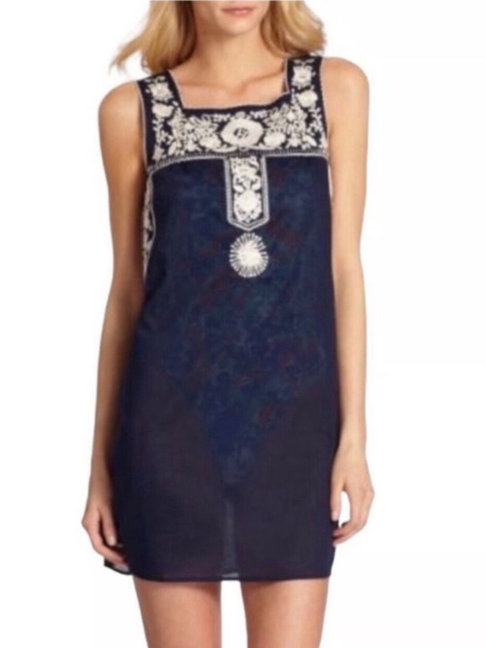 ⁠Tory Burch Navy‎ Embroidered Cotton Tunic Mini Dress Cover Up XS